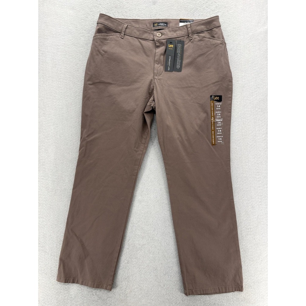 Lee Relaxed Fit Straight Leg Pants Womens 14 Petite Brown Twill Chino Stretch